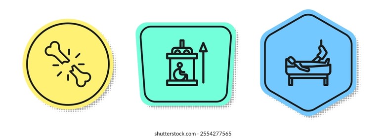 Set line Human broken bone, Elevator for disabled and Patient with leg. Colored shapes. Vector