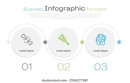 Set line Human broken bone, Crutch or crutches and Hearing aid. Business infographic template. Vector