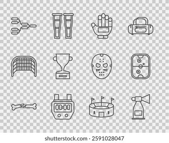 Set line Human broken bone, Air horn, Hockey glove, Stopwatch, Championship tournament bracket, Award cup, stadium and hockey table icon. Vector