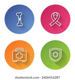 Set line Human broken bone, Awareness ribbon, First aid kit and Life insurance. Color circle button. Vector