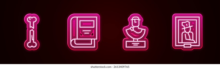 Set line Human broken bone, History book, Ancient bust sculpture and Portrait in museum. Glowing neon icon. Vector