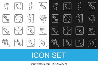 Set line Human footprint, Alligator crocodile, Mop, footprints shoes, Rabbit and hare paw, Bear and Square measure size icon. Vector