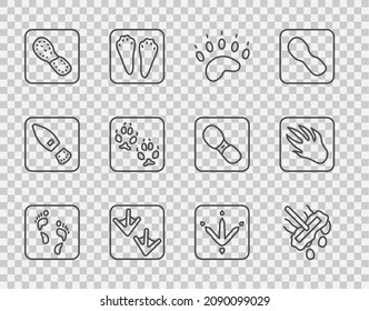 Set line Human footprint, Mop, Bear paw, Goose, footprints shoes, Fox, Chicken and Alligator crocodile icon. Vector