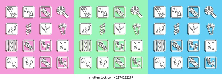 Set Line Human Footprints Shoes, Bear Paw, Snake, Frog And Chicken Icon. Vector