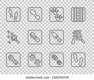 Set line Human footprints shoes, Frog paw, Paw,  and Magnifying glass with footsteps icon. Vector