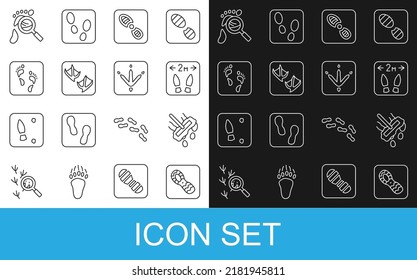 Set line Human footprints shoes, Mop, Safe distance, Seagull paw, Magnifying glass with footsteps and Chicken icon. Vector