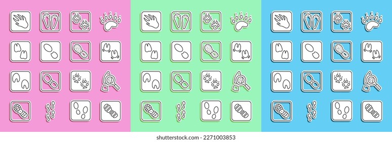 Set line Human footprints shoes, Magnifying glass with footsteps, Wild boar paw, Paw, Camel, Alligator crocodile and  icon. Vector