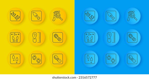 Set line Human footprints shoes, Safe distance, Square measure size, Seagull paw, Magnifying glass with footsteps and  icon. Vector