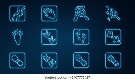 Set line Human footprints shoes, Wild boar paw, Magnifying glass with footsteps, Goose, Bear, Snake,  and Alligator crocodile icon. Vector