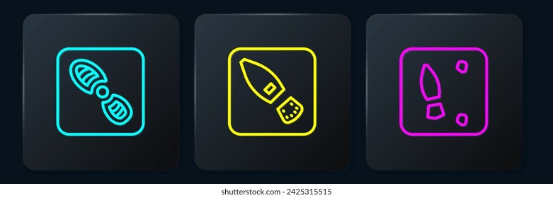 Set line Human footprints shoes,  and . Black square button. Vector