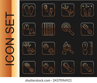 Set line Human footprints shoes, Square measure size, Dove paw, Tire track, Wild boar, Rabbit and hare and Paw search icon. Vector