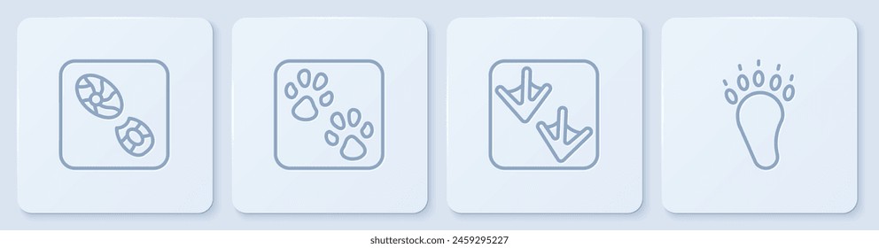 Set line Human footprints shoes, Goose paw, Paw and Bear. White square button. Vector