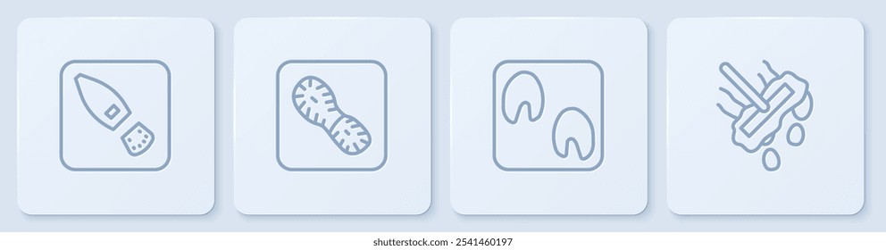 Linie Menschliche Fußabdrücke Schuhe, Pferdepfote und Mopp. Weißer quadratischer Knopf. Vektorgrafik