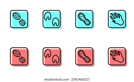 Definir linha Sapatos de pegadas humanas, , Pata de cavalo e ícone de crocodilo jacaré. Vetor