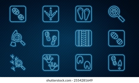 Set line Human footprints shoes, Rabbit and hare paw, Magnifying glass with footsteps, Tire track and Chicken icon. Vector