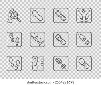 Set line Human footprints shoes, Square measure size, Magnifying glass with footsteps, Dove paw,  and  icon. Vector