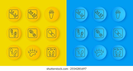 Set line Human footprints shoes, Safe distance, Dove paw, Bear and Seagull icon. Vector