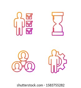 Set line Human with gear inside, Project team base, User of man in business suit and Old hourglass with flowing sand. Gradient color icons. Vector