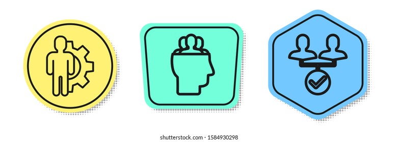 Set line Human with gear inside, Project team base and Project team base. Colored shapes. Vector
