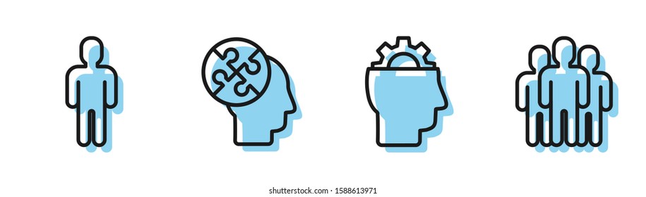 Set line Human with gear inside, User of man in business suit, Human head puzzles strategy and Users group icon. Vector