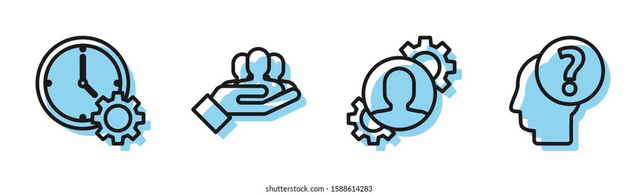 Set line Human with gear inside, Time Management, Project team base and Human head with question mark icon. Vector
