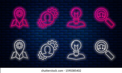 Set line Human with gear inside, Human head with lamp bulb, Location job and Magnifying glass for search a people. Glowing neon icon on brick wall. Vector