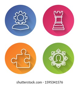 Set line Human with gear inside, Business strategy, Piece of puzzle and Project team base. Color circle button. Vector
