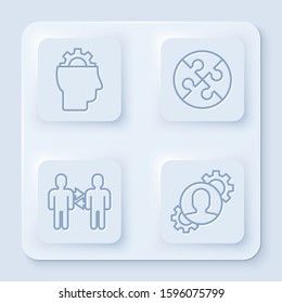 Set line Human with gear inside, Piece of puzzle, Project team base and Human with gear inside. White square button. Vector