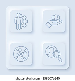 Set line Human with gear inside, Project team base, Piece of puzzle and Magnifying glass for search a people. White square button. Vector