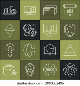 Línea Humana con equipo dentro, infografía de gráfico de la Pirámide, Protección del usuario, tarjeta de crédito, dinero de intercambio de promoción de empleo, flechas de embudo de ventas, Pie y dólar e icono Monitor. Vector