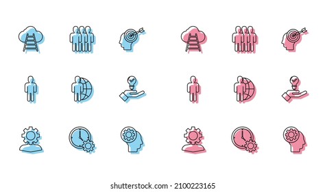 Set line Human with gear inside, Time Management, Ladder leading to cloud, head, Globe and people, Light bulb hand, User of business suit and Users group icon. Vector