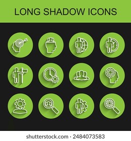 Set line Human with gear inside, Magnifying glass for search people, Head hunting concept, and, Time Management, head and Users group icon. Vector