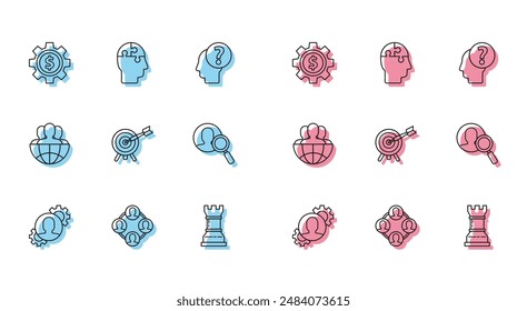 Set line Human with gear inside, Project team base, Gear dollar symbol, Business strategy, Target arrow, Magnifying glass for search people, Globe and and head puzzles icon. Vector