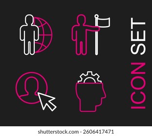Set line Human with gear inside, User of business suit, Man holding flag and Globe and people icon. Vector