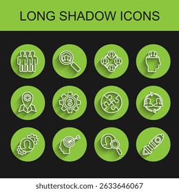 Set line Human with gear inside, Head hunting concept, Users group, Magnifying glass for search people, Rocket ship fire, Gear dollar symbol, resources and Piece of puzzle icon. Vector