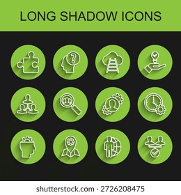 Set line Human with gear inside, Location job, Piece of puzzle, Globe and people, Project team base, Magnifying glass for search, Time Management and  icon. Vector