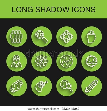 Set line Human with gear inside, Head hunting concept, Users group, Magnifying glass for search people, Rocket ship fire, Gear dollar symbol, resources and Piece of puzzle icon. Vector
