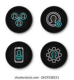 Set line Human with gear, Mobile resume, Create account screen and Project team base icon. Vector