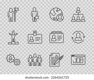 Set line Human with gear, Search job, Globe and people, Project team base, Man holding flag, Identification badge, Resume and Exchange work icon. Vector