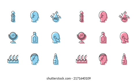 Set line Human hair follicle, Hairstyle for men, Classic Barber shop pole, Oil bottle, Bottle of shampoo, Mustache and beard, Hand mirror and Baldness icon. Vector