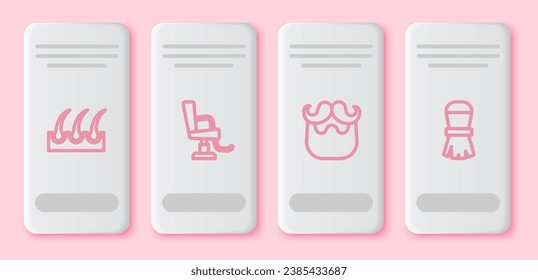 Set line Human hair follicle, Barbershop chair, Mustache and beard and Shaving brush. White rectangle button. Vector