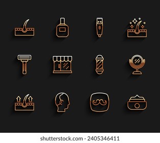Set line Human hair follicle, Baldness, Barbershop, Gel or wax for styling, building, Hand mirror and Classic pole icon. Vector