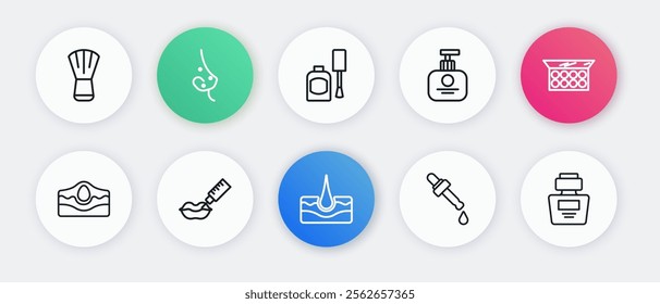 Set line Human hair follicle, Makeup powder with mirror, Acne, Pipette oil, Tube of hand cream, Bottle nail polish, Perfume and Lip augmentation icon. Vector