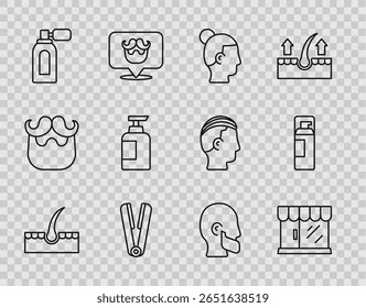 Set line Folículo de cabelo humano, edifício Barbershop, Penteado para homens, Curling ferro, Pós-barba com atomizador, Garrafa de shampoo, Bigode e barba e ícone de espuma de gel de barba. Vetor