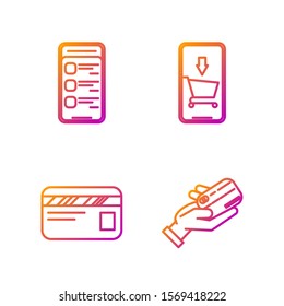 Set line Human hand holding with credit card, Credit card, Online shopping on mobile phone and Mobile phone and shopping cart. Gradient color icons. Vector