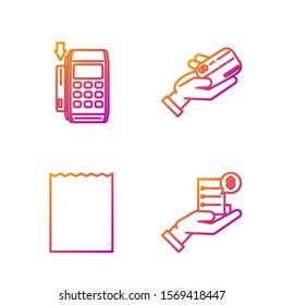 Set line Human hand holding with blank receipt or bill for payment, Paper shopping bag, Pos terminal with inserted credit card and Human hand holding with credit card. Gradient color icons. Vector