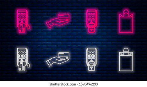 Set line Human hand holding with credit card, POS terminal with printed reciept and confirms the payment by smartphone, Pos terminal with inserted credit card and Paper shopping bag. Vector