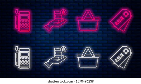 Set line Human hand holding with blank receipt or bill for payment, Shopping basket, Pos terminal with inserted credit card and Price tag with inscription Sale. Glowing neon icon on brick wall. Vector