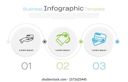 Set line Human hand holding with credit card, Blank label template price tag and Credit card. Business infographic template. Vector