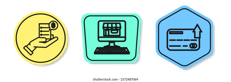 Set line Human hand holding with blank receipt or bill for payment, Shopping building on screen computer and Credit card. Colored shapes. Vector